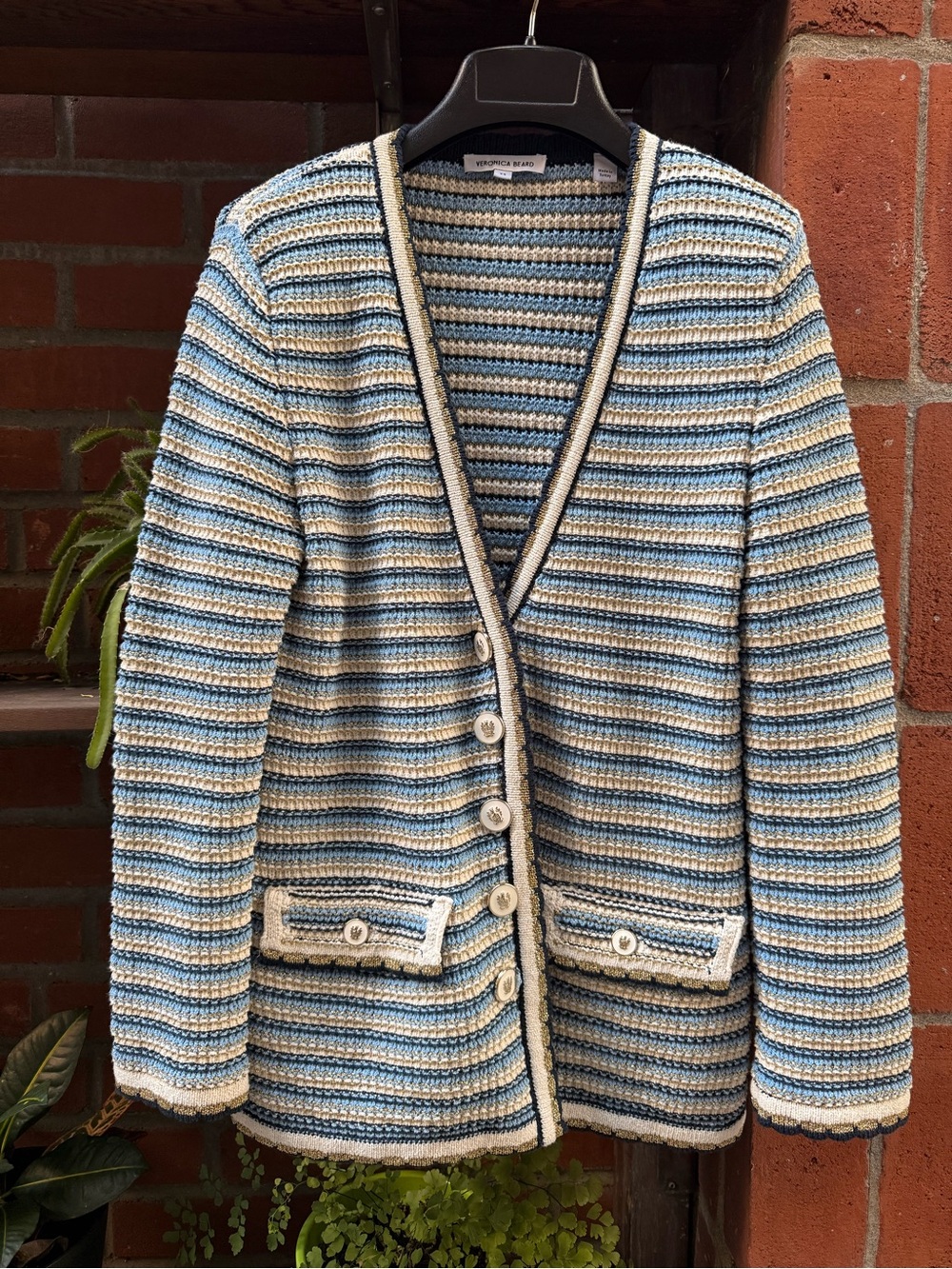 Veronica Beard Blue, Cream & Navy Striped Crochet Cardigan